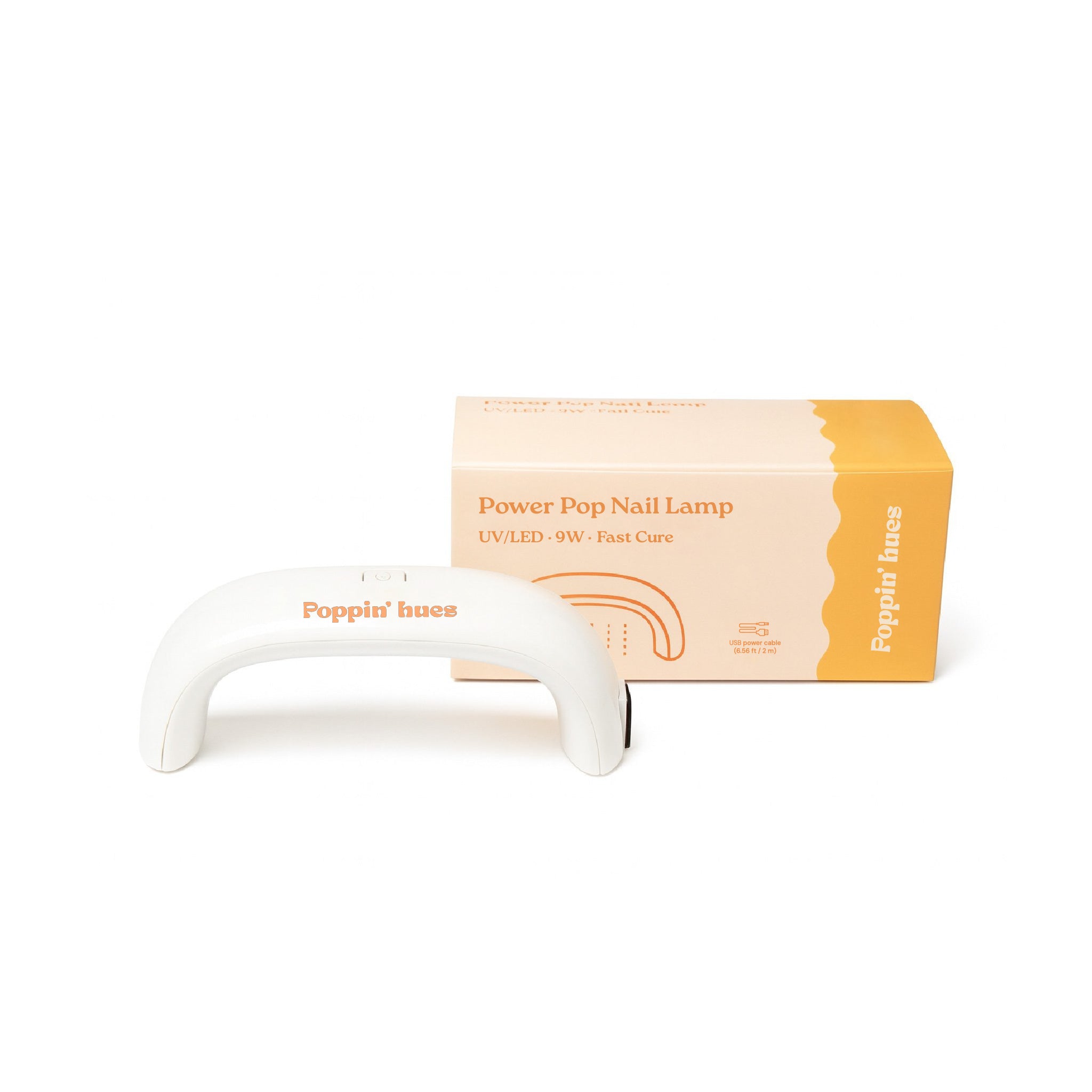 UV/LED nail lamp shown on a white background with its product box, featuring a curved cream-colored design and branded packaging.