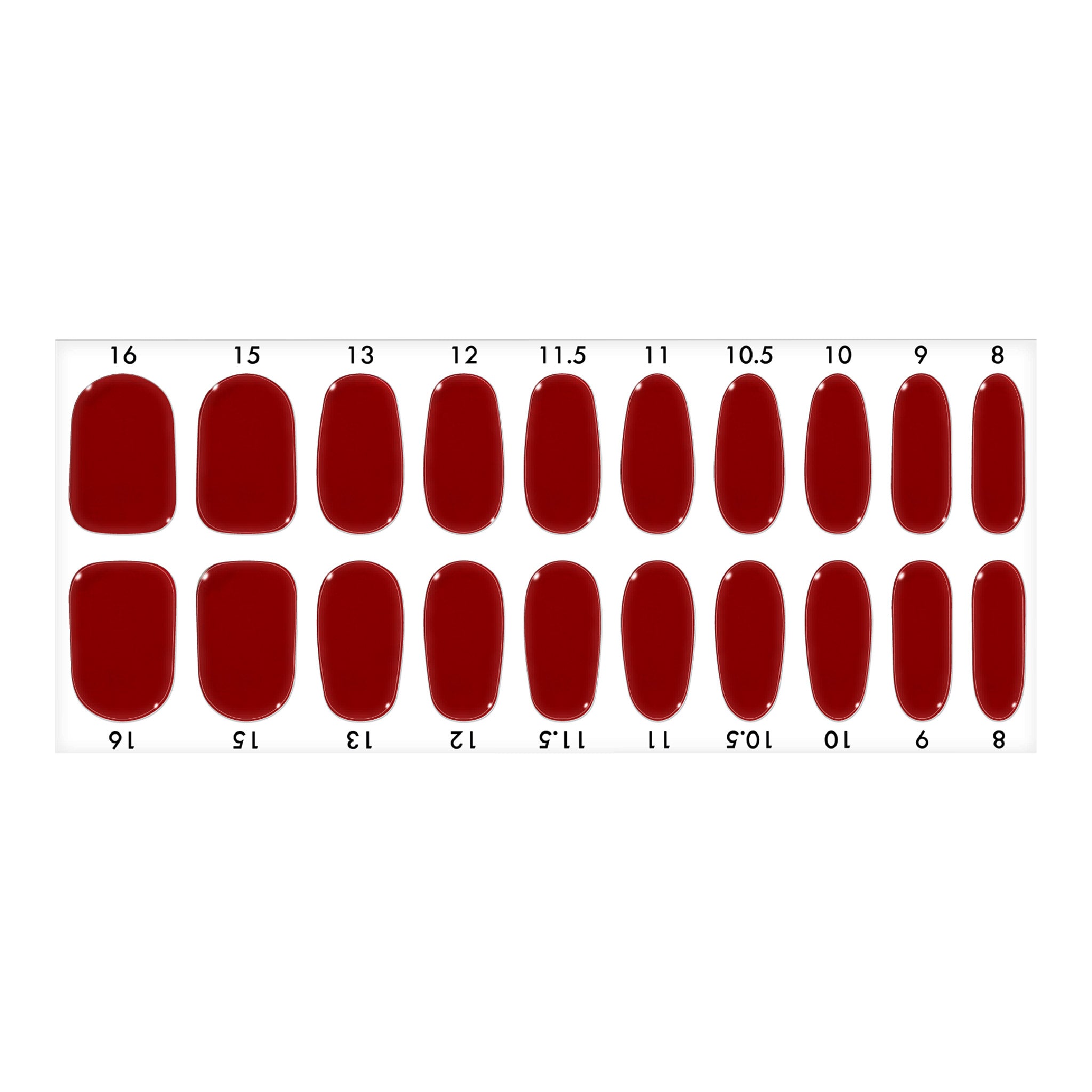 Standard size semi-cured gel nail strips sheet shown on a white background, featuring a dark red color, arranged by numbered nail sizes.