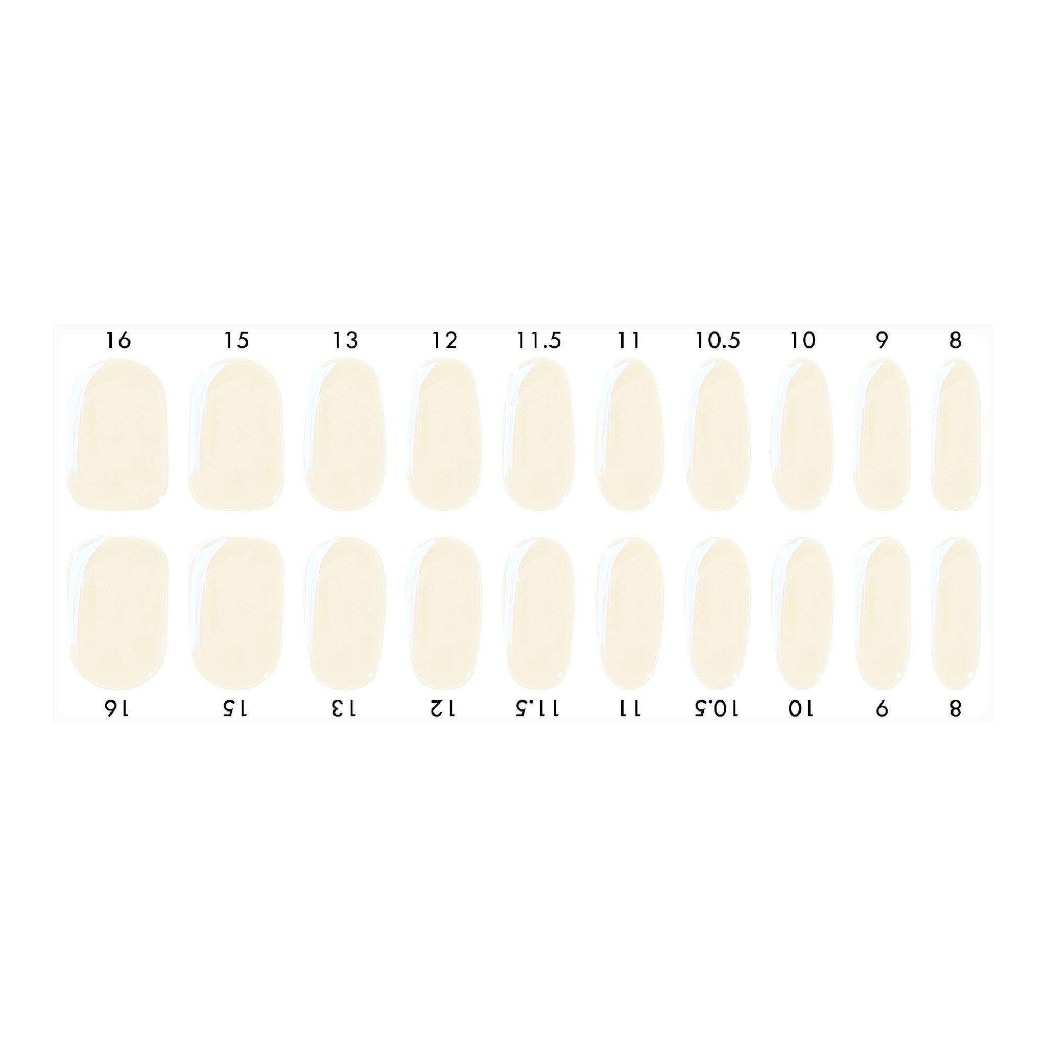 Standard size semi-cured gel nail strips sheet shown on a white background, featuring a glossy white finish, arranged by numbered nail sizes.