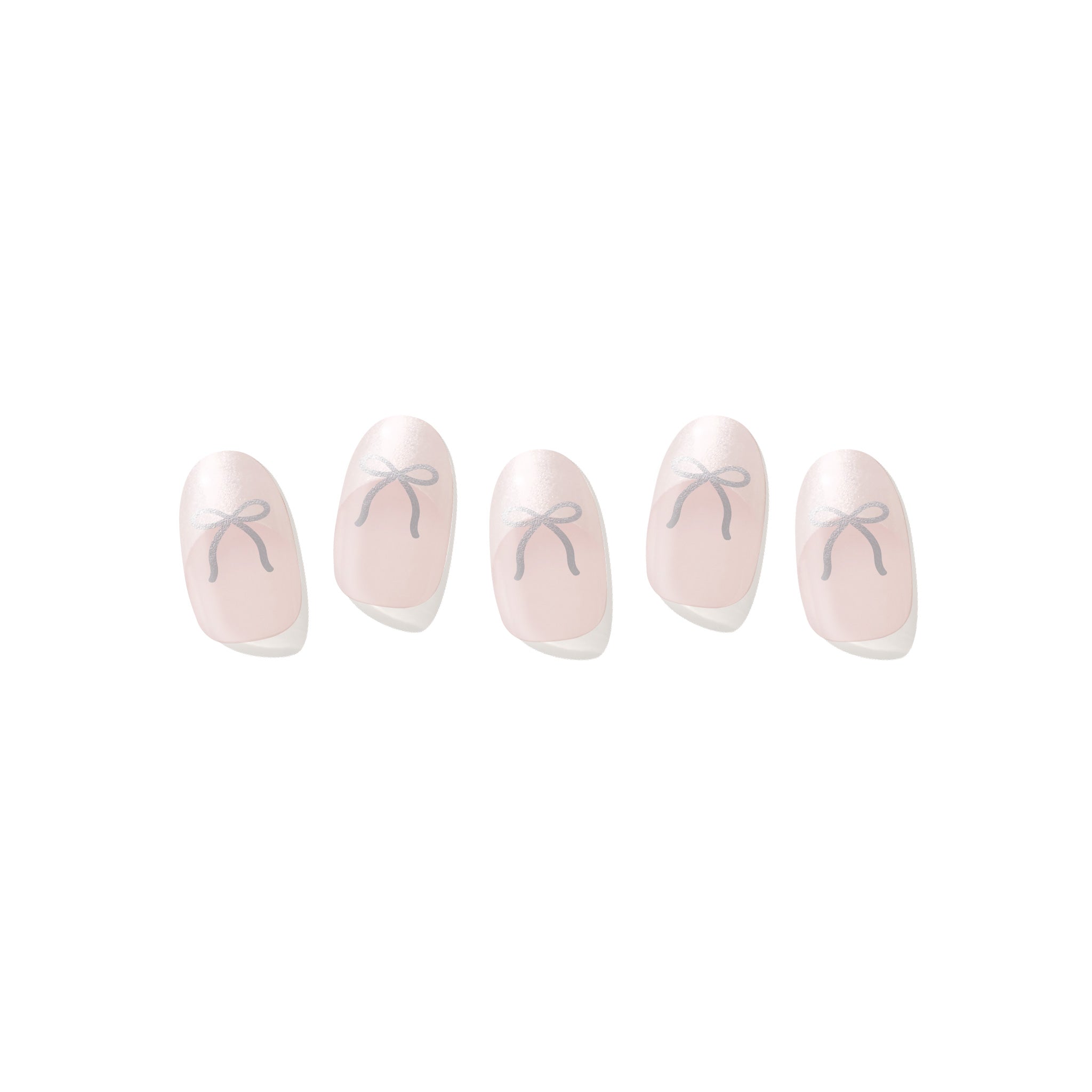 Five semi-cured gel nail strips displayed on a white background, featuring a soft blush base with a sparkly silver French tip and a delicate silver bow nail art.