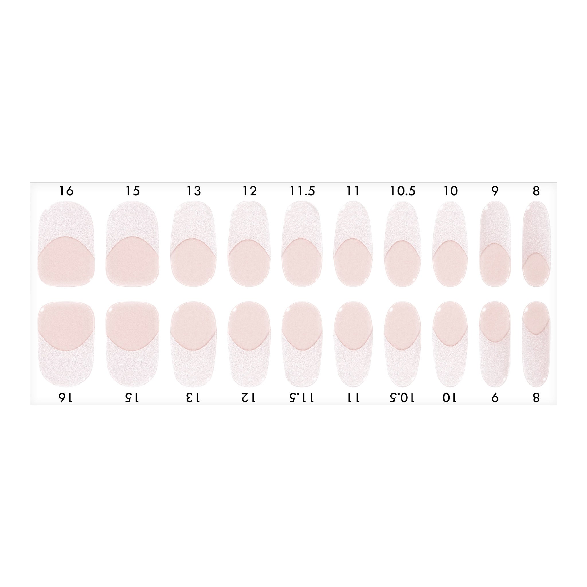 Standard size semi-cured gel nail strips sheet shown on a white background, featuring a blush base with sparkly silvre French tips, arranged by numbered nail sizes.