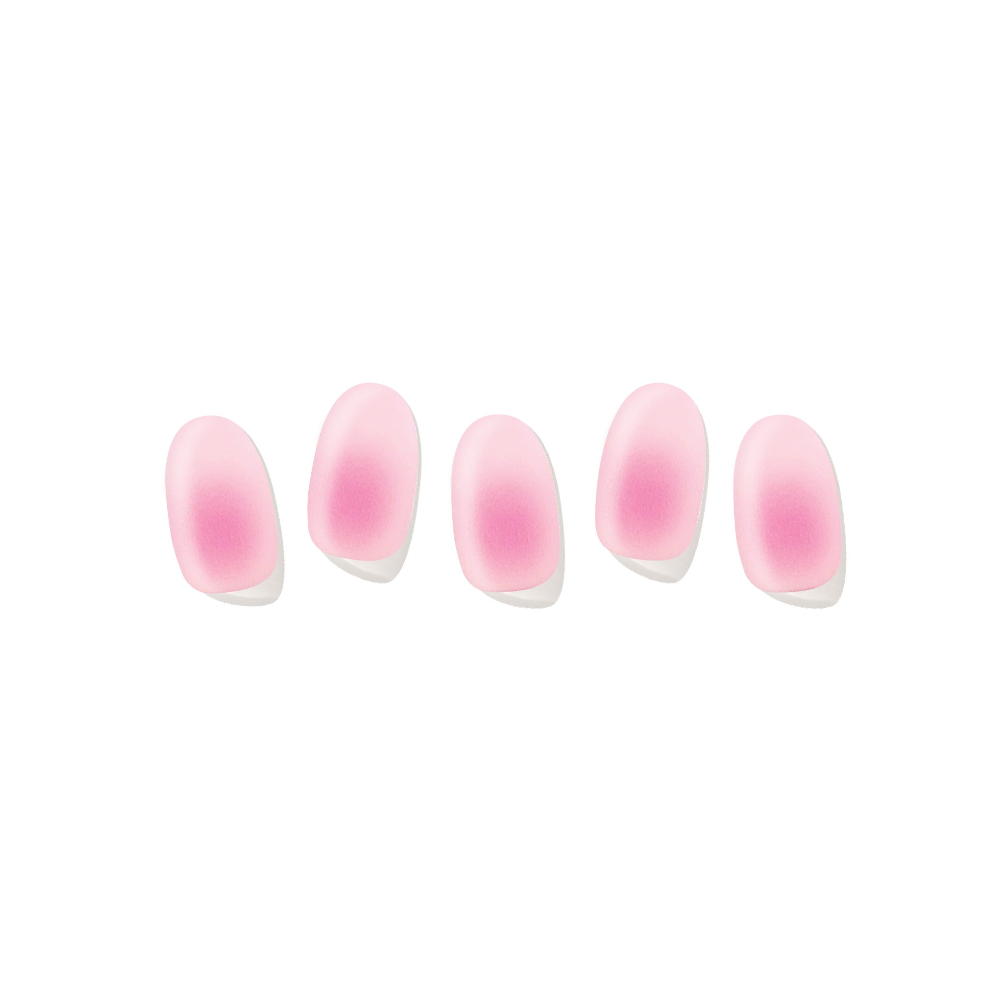 Five semi-cured gel nail strips displayed on a white background, featuring a soft blush base with a pink aura-style gradient.