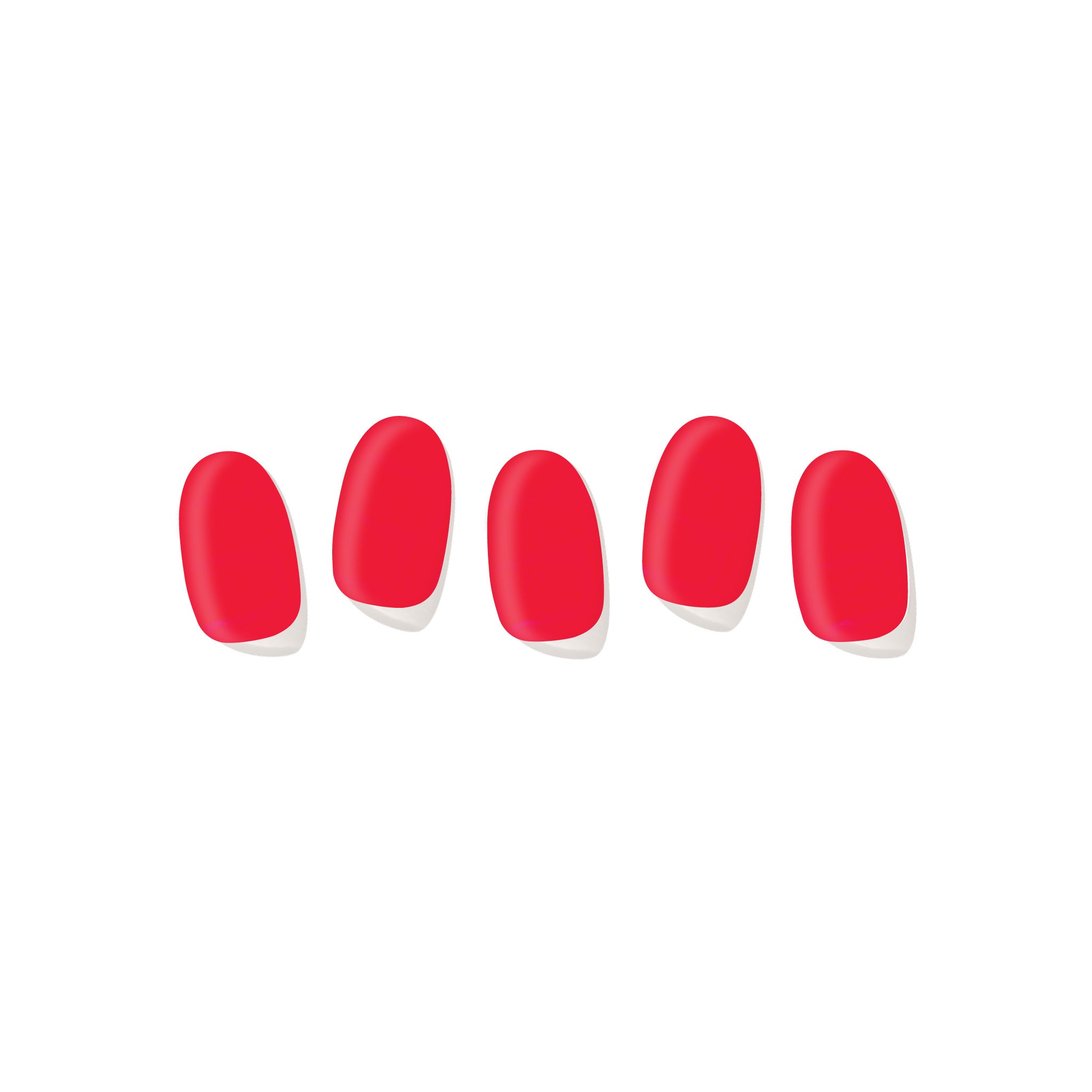 Five semi-cured gel nail strips displayed on a white background, featuring a glossy red jelly design with a slightly translucent finish.