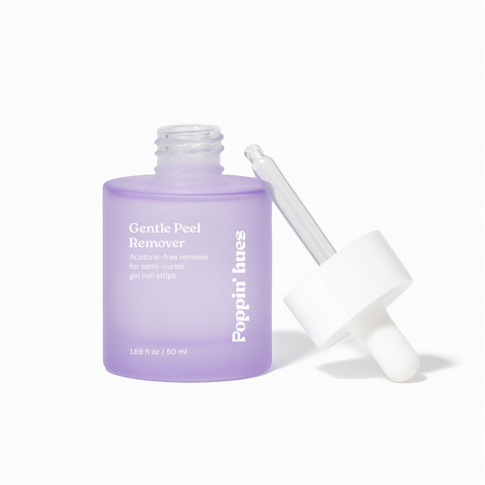 Purple glass bottle of Gentle Peel Remover displayed on a white background, featuring a white dropper cap.