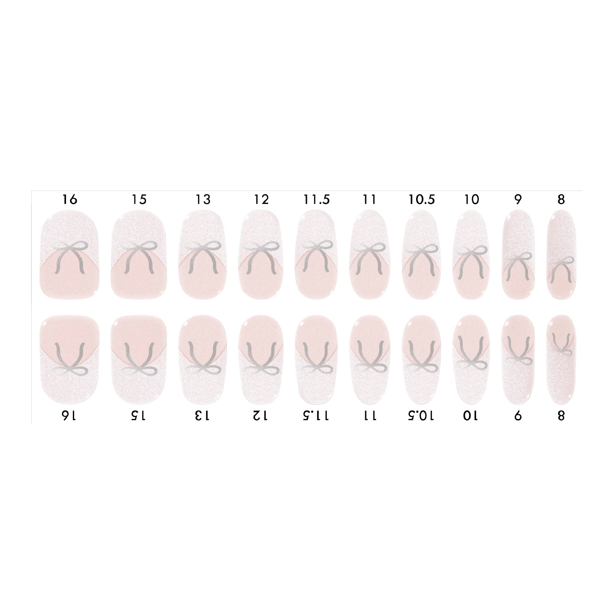 Standard size semi-cured gel nail strips sheet shown on a white background, featuring a blush base with sparkly silver French tip and silver bow design, arranged by numbered nail sizes.
